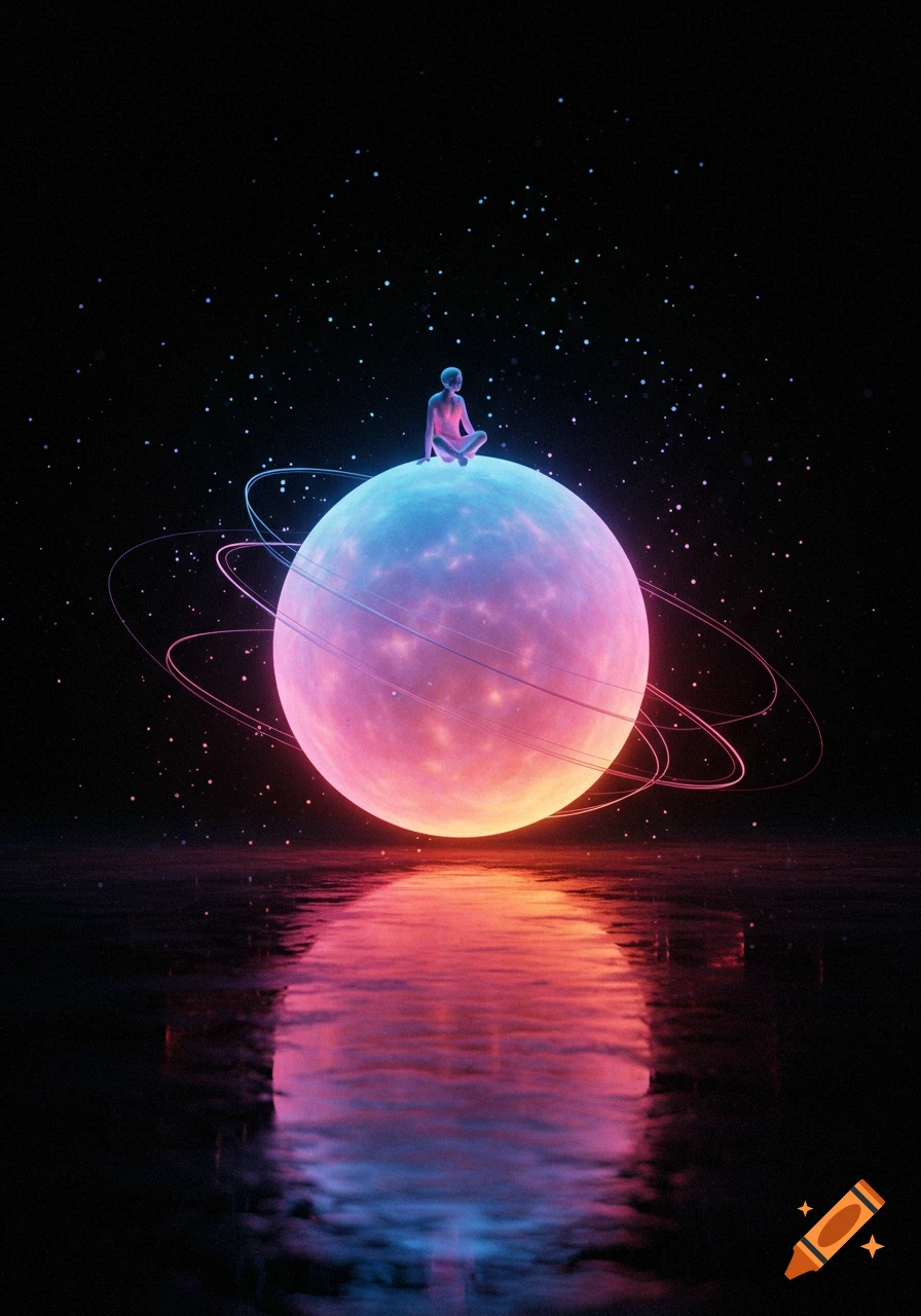 A stylized figure sits in a meditative pose on a glowing, colorful planet in a starry space, reflected in calm water below.