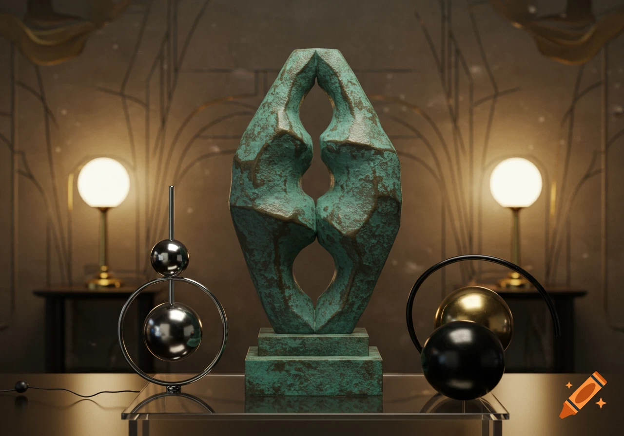 An antique-looking teal abstract sculpture centered on a reflective surface, flanked by modern metallic spherical decor and lamps, in a dimly lit art deco room.