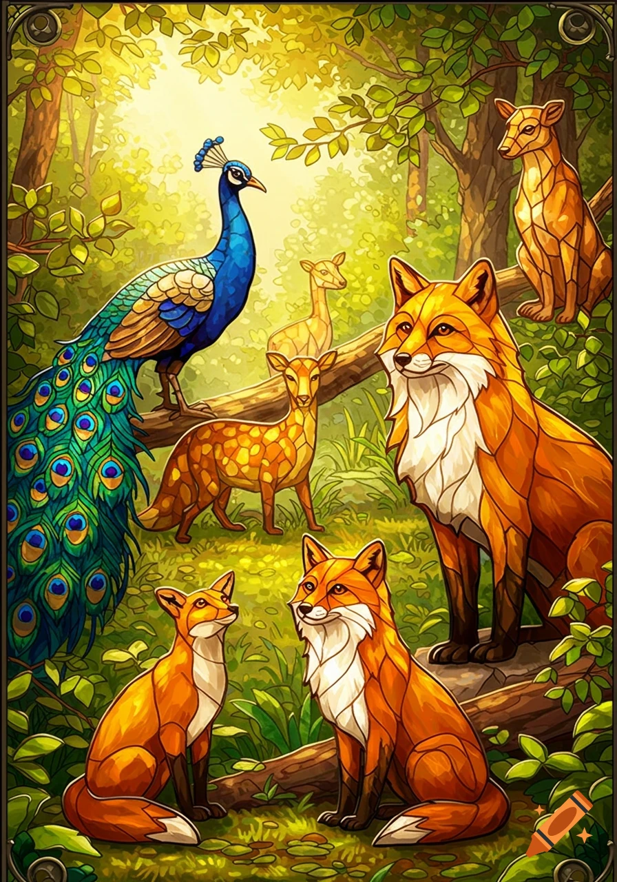 A peacock, foxes, and deer in a forest, rendered in a colorful stained glass art style.