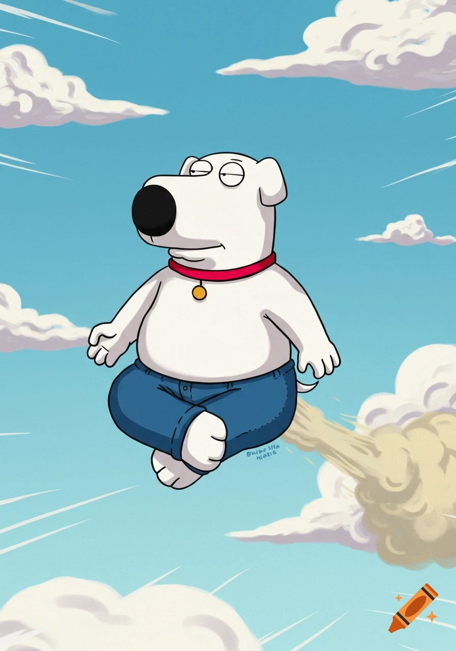 Brian Griffin from Family Guy, wearing jeans, uses farts to fly through a blue sky with white clouds, meditating with crossed legs in a cartoon style.