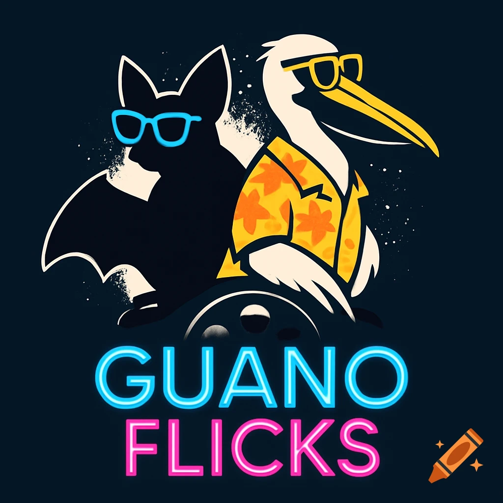 Cartoon bat in blue glasses and pelican in yellow glasses and Hawaiian shirt sit on a movie reel with neon text GUANO FLICKS.