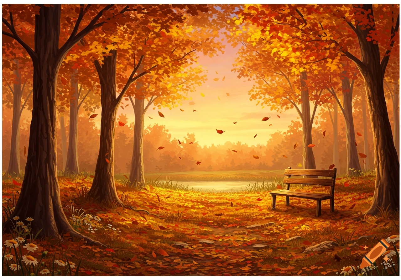 A vibrant autumn forest scene with golden and orange trees, falling leaves, a small pond, and an empty wooden bench.