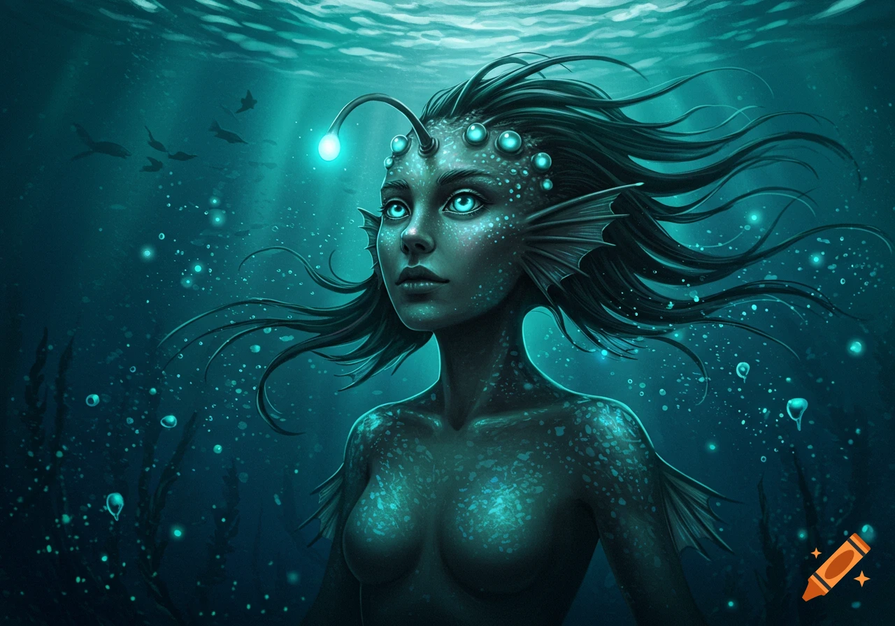 A fantastical creature, an anglerfish-human hybrid, swims in a dark underwater scene with bioluminescent elements.