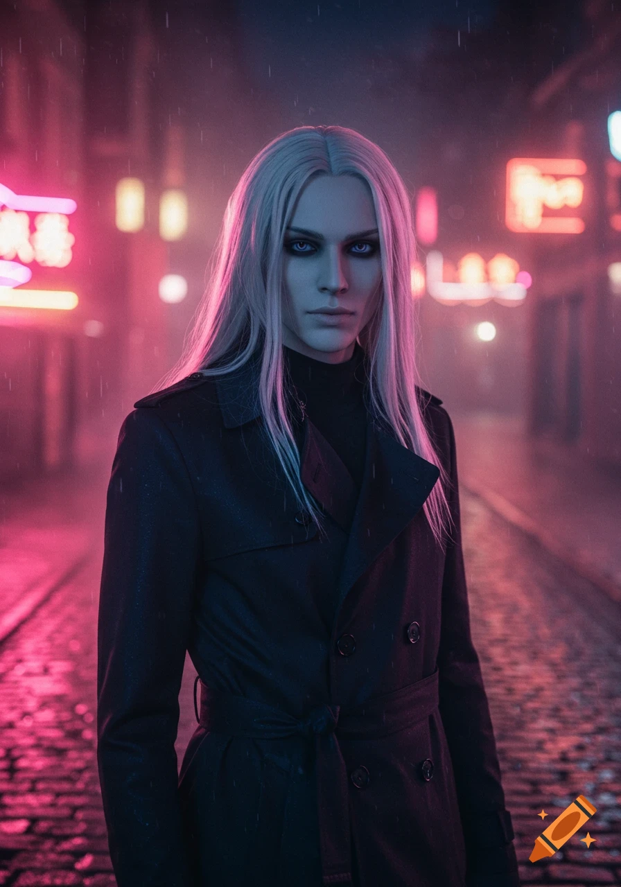 A person with long white hair and striking blue eyes in a black trench coat stands on a rainy street with neon pink lights.