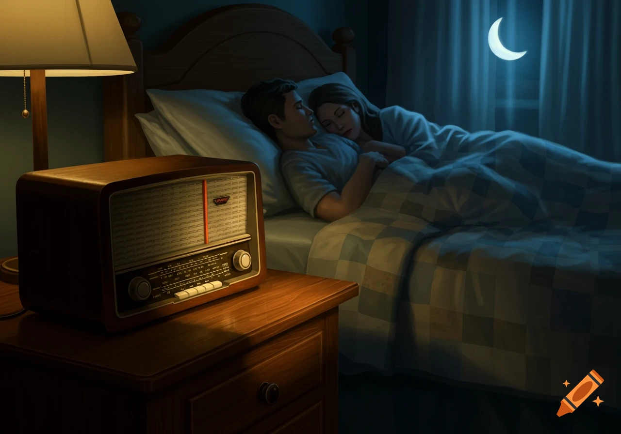 A vintage radio sits on a wooden nightstand in a dark bedroom, illuminated by a lamp. In the background, a couple sleeps intertwined under blankets as a crescent moon shines outside a window.
