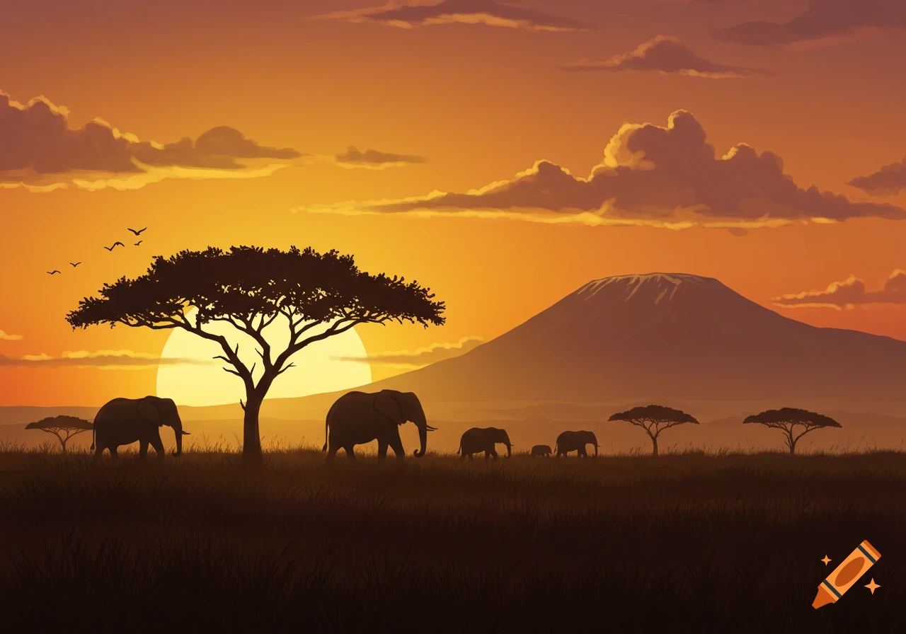 Stylized illustration of an African savanna at sunset with silhouetted elephants walking past acacia trees and a large mountain in the background.