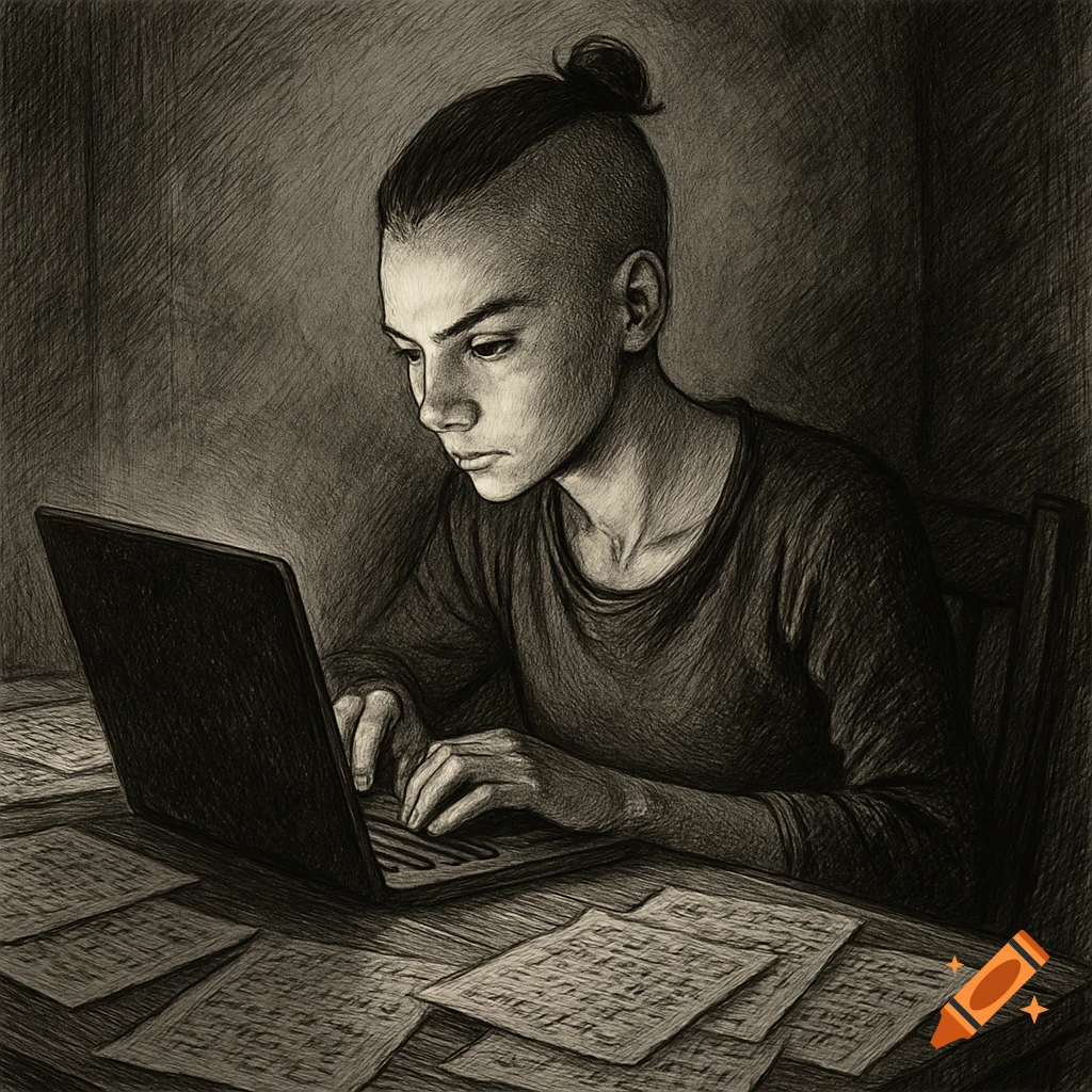 A black and white sketch of a young person with a topknot and shaved sides, working intently on a laptop surrounded by notes.