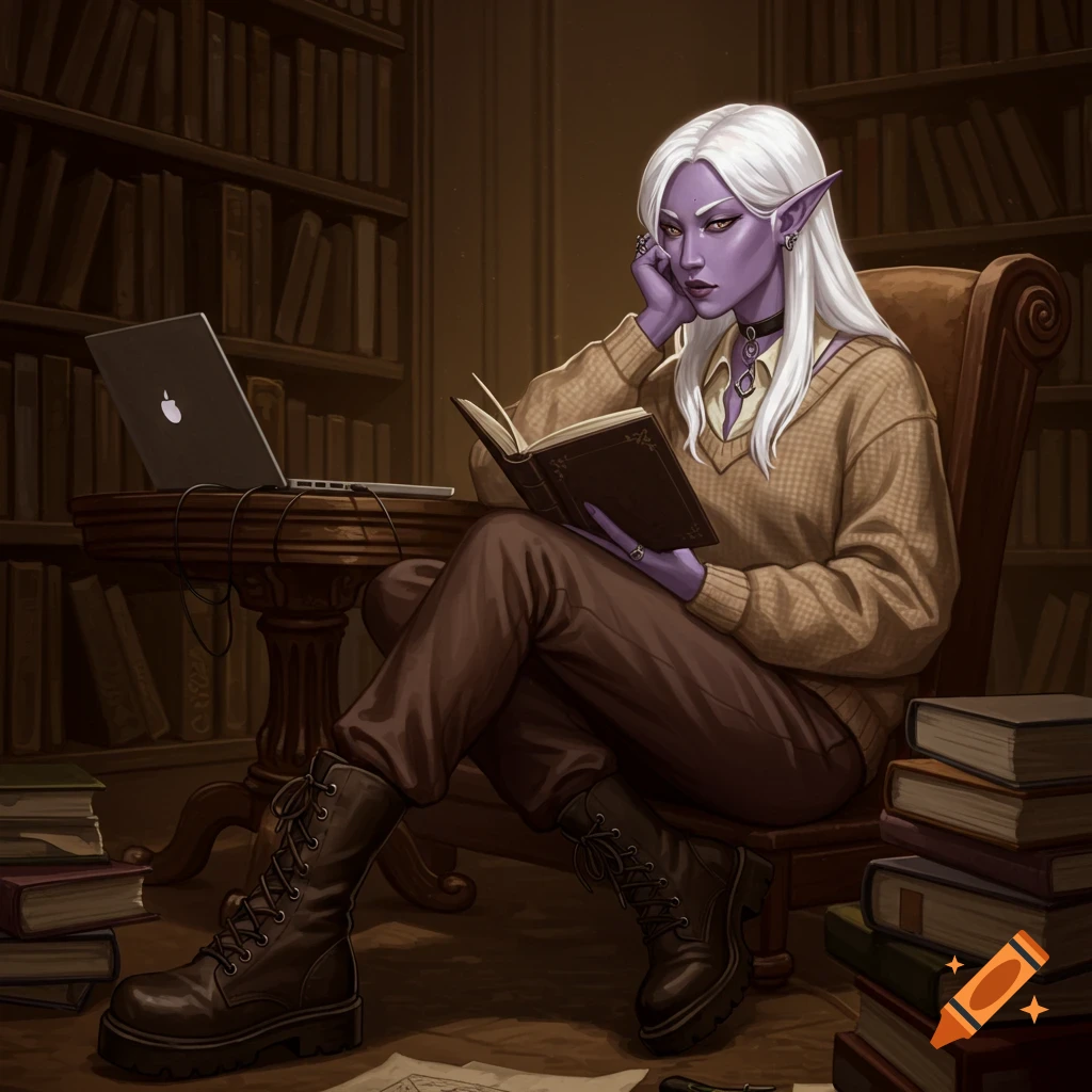 Purple-skinned elf with white hair in dark academia fashion reads a book in a dimly lit library with a laptop.