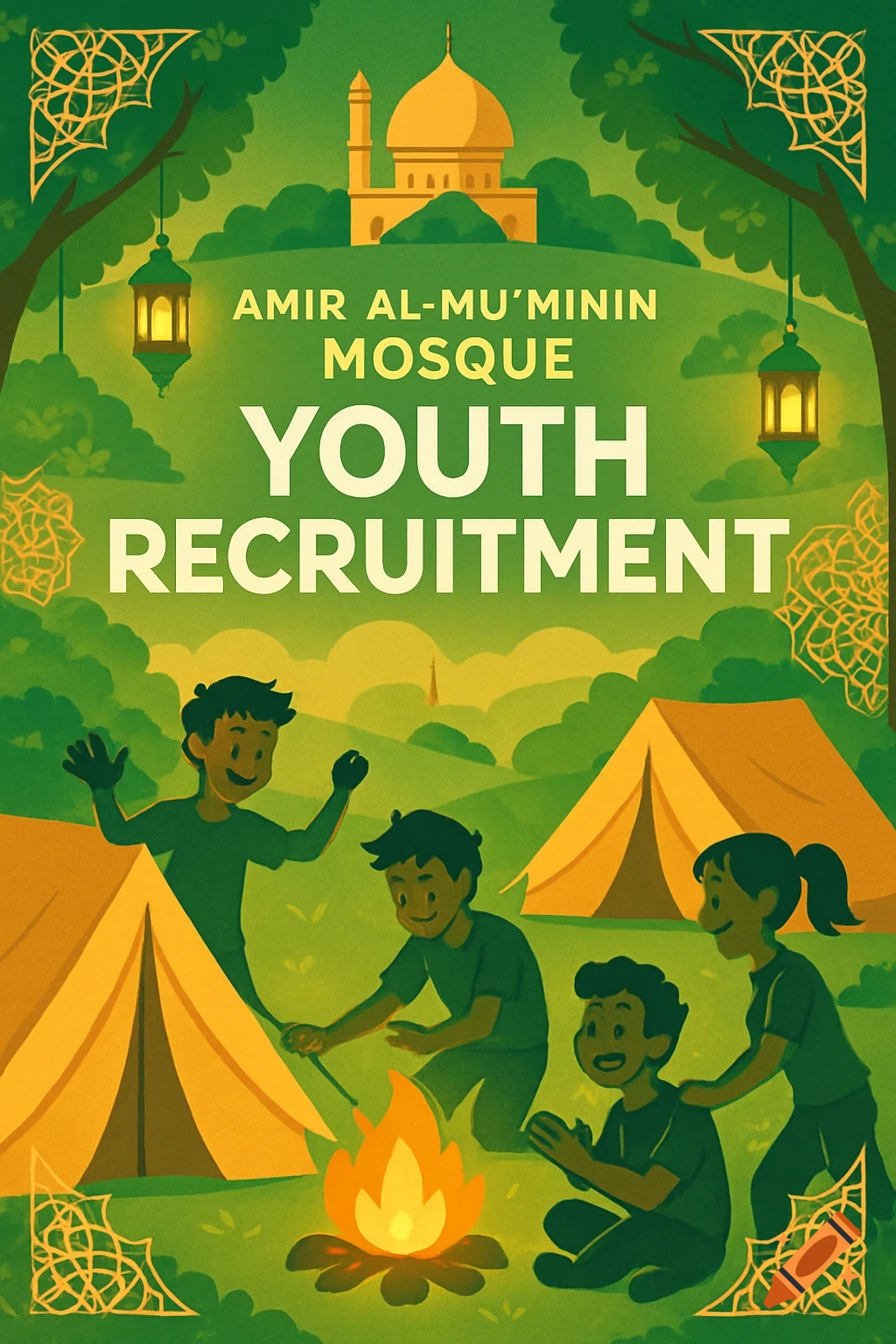 Animated poster for Amir al-Mu'minin Mosque Youth Recruitment, featuring children camping by a campfire with tents, under a mosque.