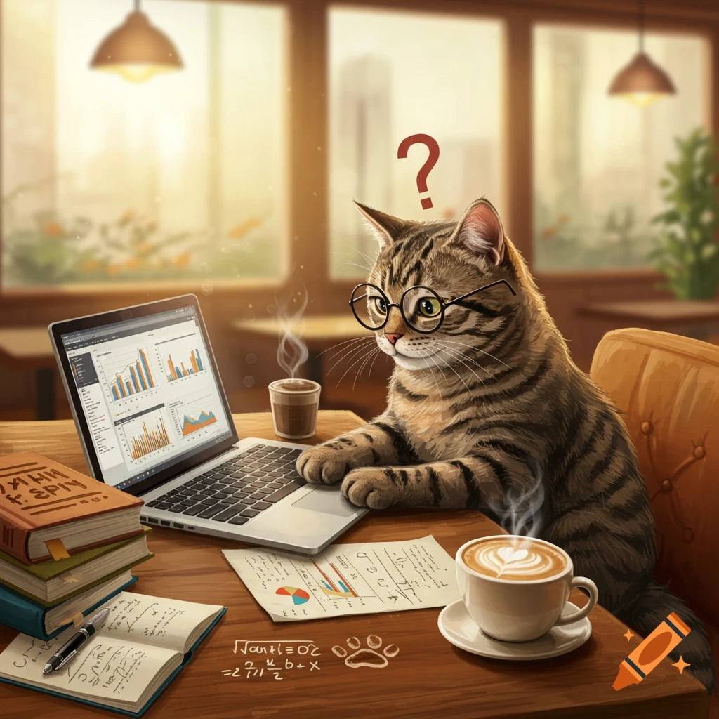 A tabby cat wearing glasses works on a laptop with charts and formulas, while drinking coffee in a sunlit cafe.