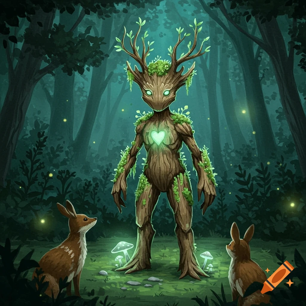 A treant-like creature with glowing eyes and a heart stands in a magical forest with two rabbits and glowing mushrooms.
