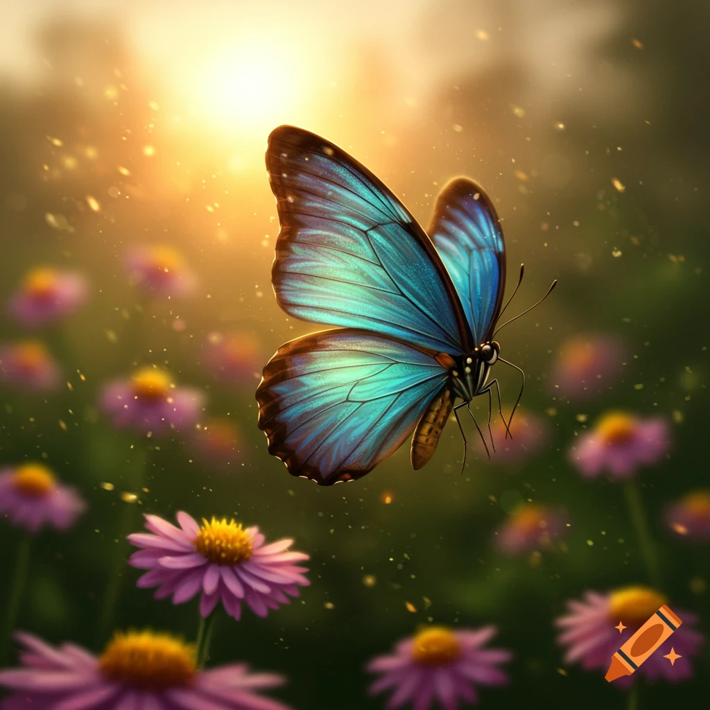 A vibrant blue butterfly with outstretched wings hovers over purple and yellow flowers in a sunny field at golden hour.