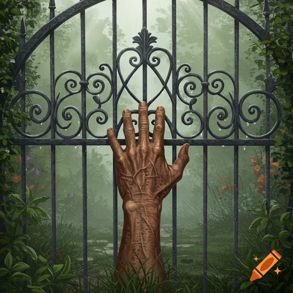 A gnarled, veiny hand reaches through a dark, ornate wrought iron gate into a misty, overgrown garden.