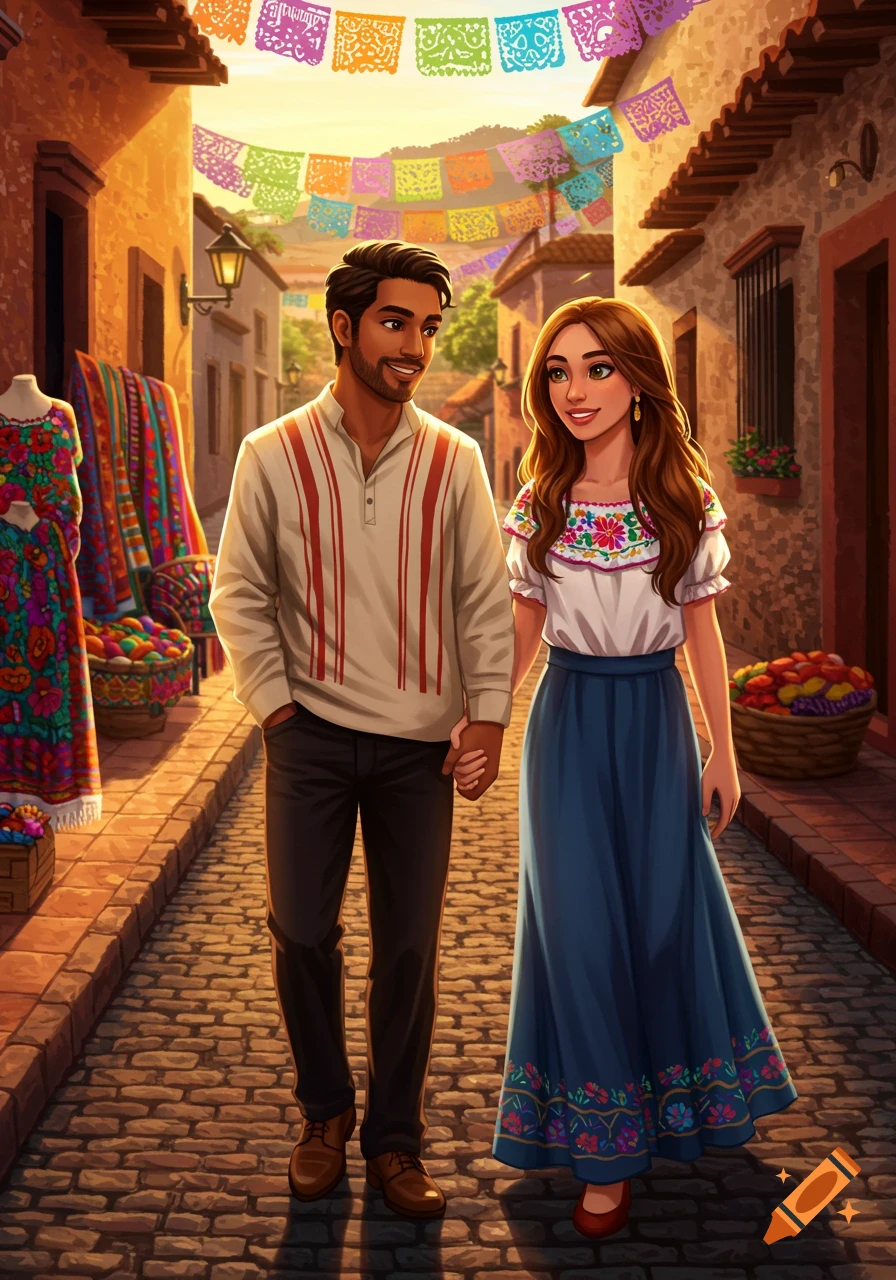 Smiling couple in traditional Mexican attire holding hands, walking down a vibrant street with colorful papel picado banners, digital illustration.