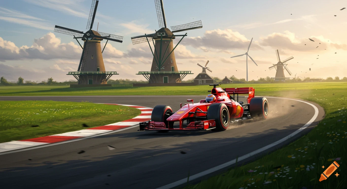 A red Formula 1 car races on a track through a green field with traditional windmills under a partly cloudy sky.