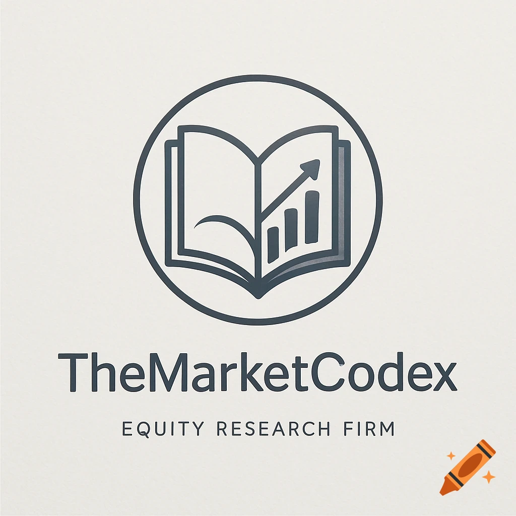 A minimalist logo for TheMarketCodex, an Equity Research Firm, featuring an open book with a rising bar graph inside a circle.