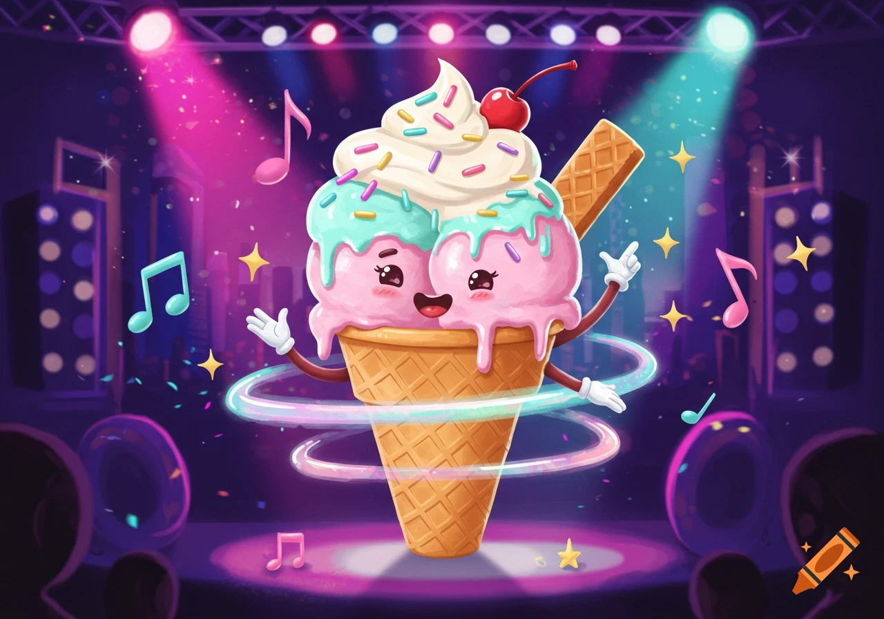 A cheerful, anthropomorphic ice cream cone with two scoops, sprinkles, and a cherry on top, singing on a brightly lit stage with musical notes floating around.