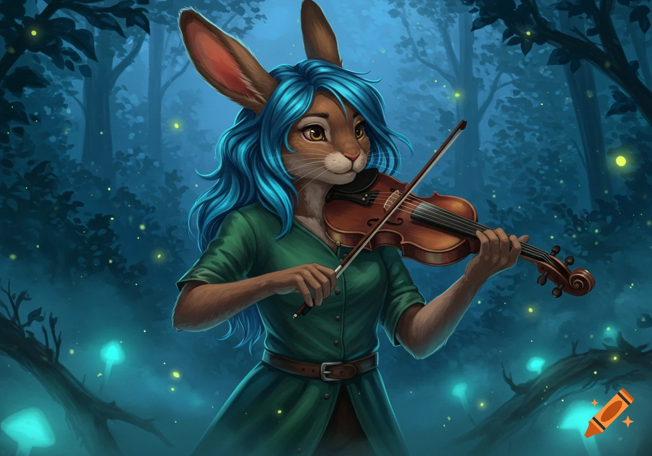 Illustrated female rabbit person with blue hair playing a violin in a mystical dark forest with glowing mushrooms.