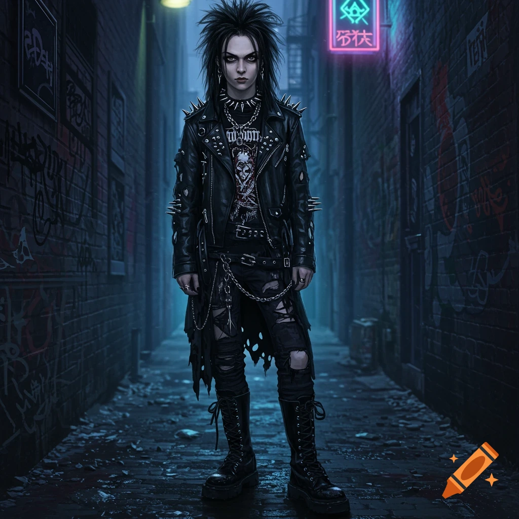A person in a black spiked jacket, ripped pants, and boots stands in a dark, graffiti-covered alley with neon signs.