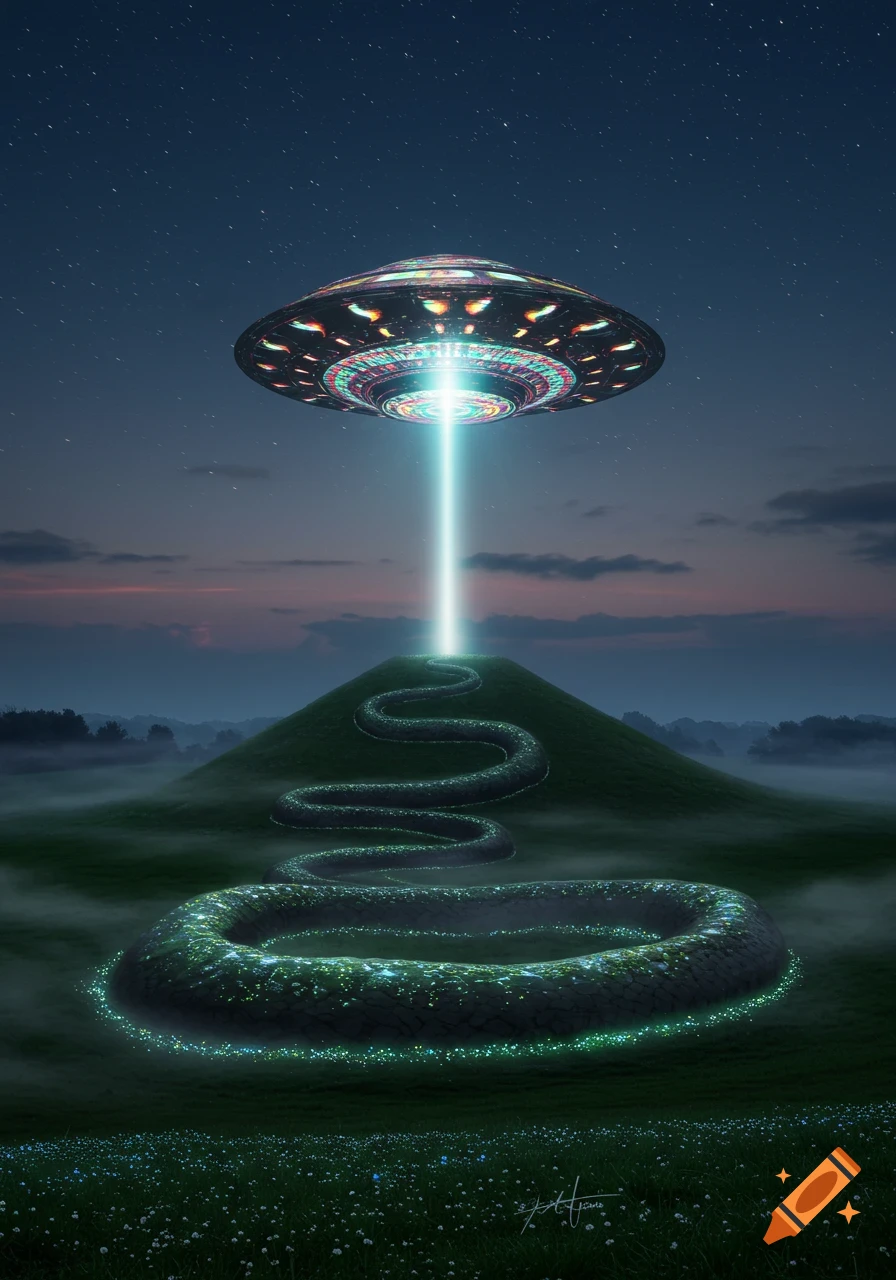 A photorealistic UFO beams blue light onto a glowing serpent mound on a misty hill at night.