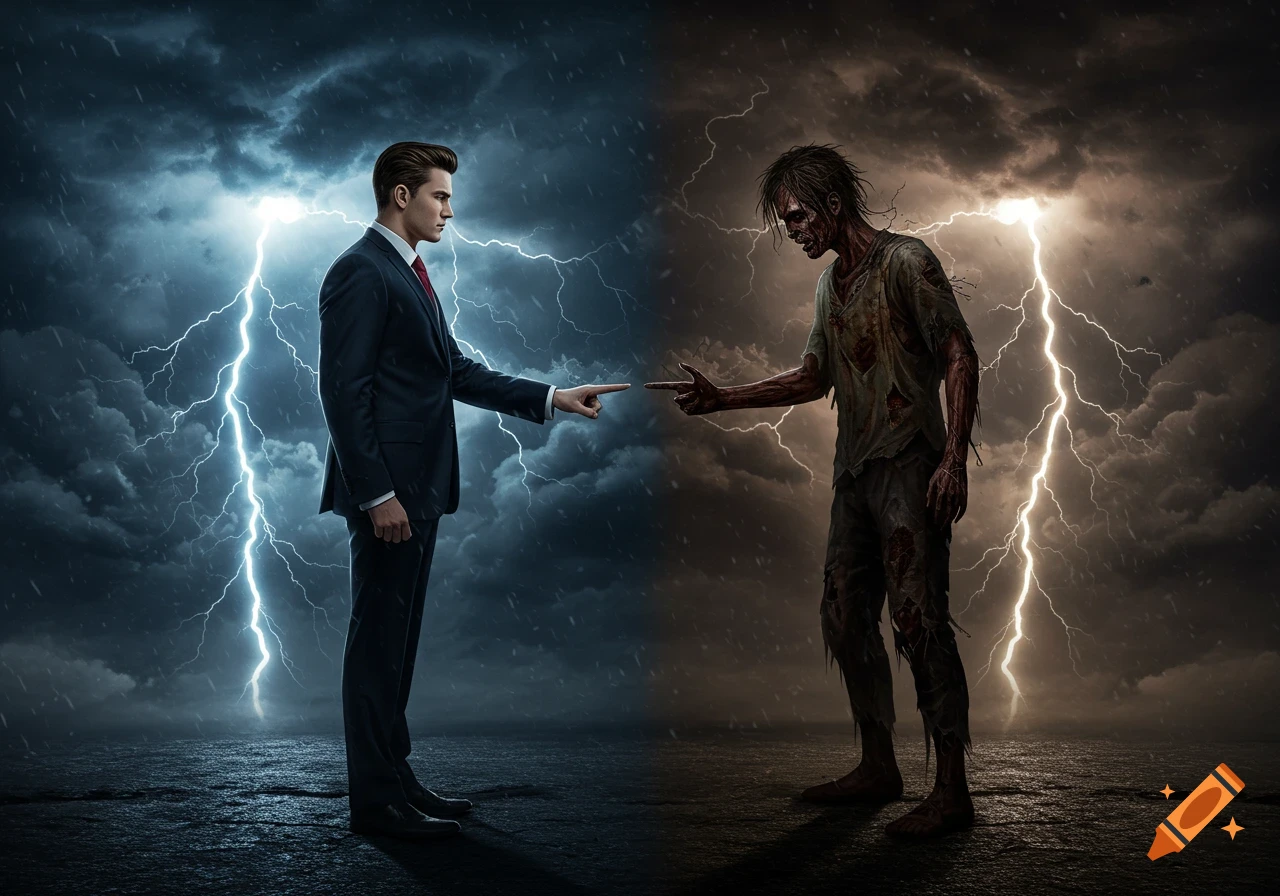A well-dressed man and a zombie-like figure point fingers at each other under a dramatic stormy sky with lightning.