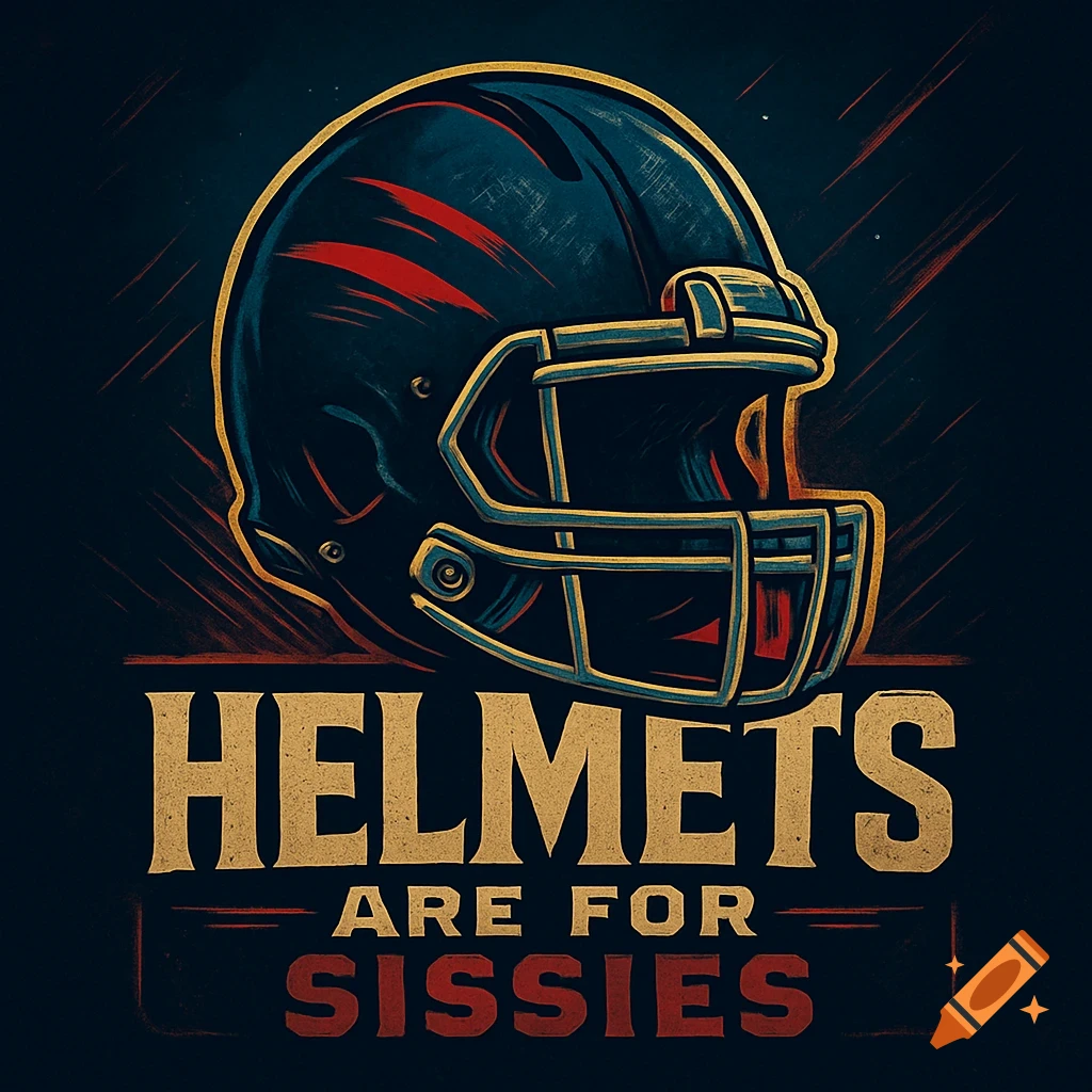A stylized American football helmet on a dark background with the bold text 'HELMETS ARE FOR SISSIES' below it.