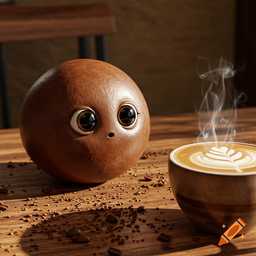 A cute, spherical coffee bean character with large eyes looks at a steaming cup of latte art on a wooden table.