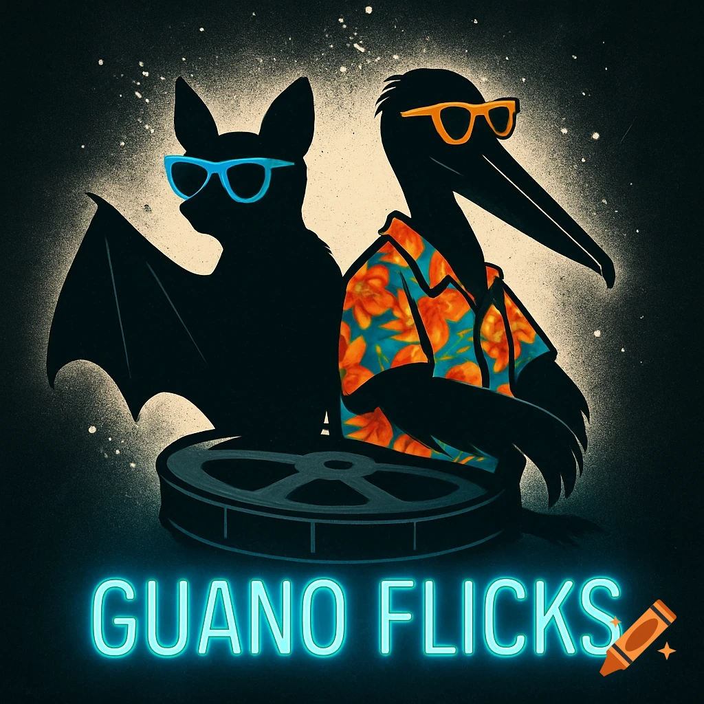 Stylized graphic of a bat in blue sunglasses and a pelican in orange sunglasses and Hawaiian shirt, sitting on a movie reel, with neon text 'GUANO FLICKS'.