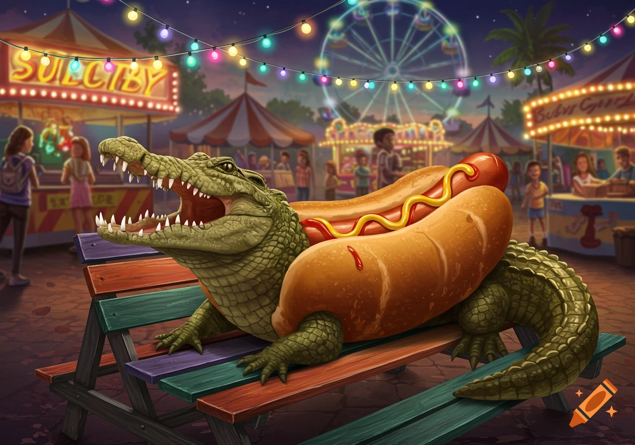 Illustrated alligator with a hot dog body sitting on a bench at a colorful, bustling night carnival.