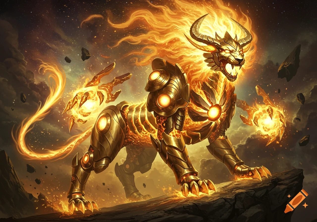 A majestic, fiery biomechanical lion with golden armor and horns stands on a rock against a starry, cloud-filled cosmic sky, digital art.