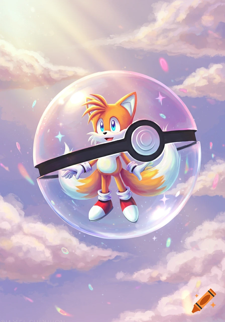 Tails the fox in a clear Poké Ball, floating in a pastel cloudy sky with sparkles.