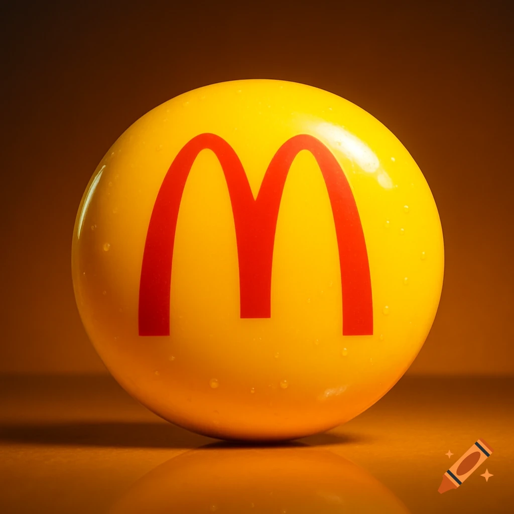 A glossy yellow sphere with the red McDonald's M logo, covered in water droplets, on a reflective brown surface.