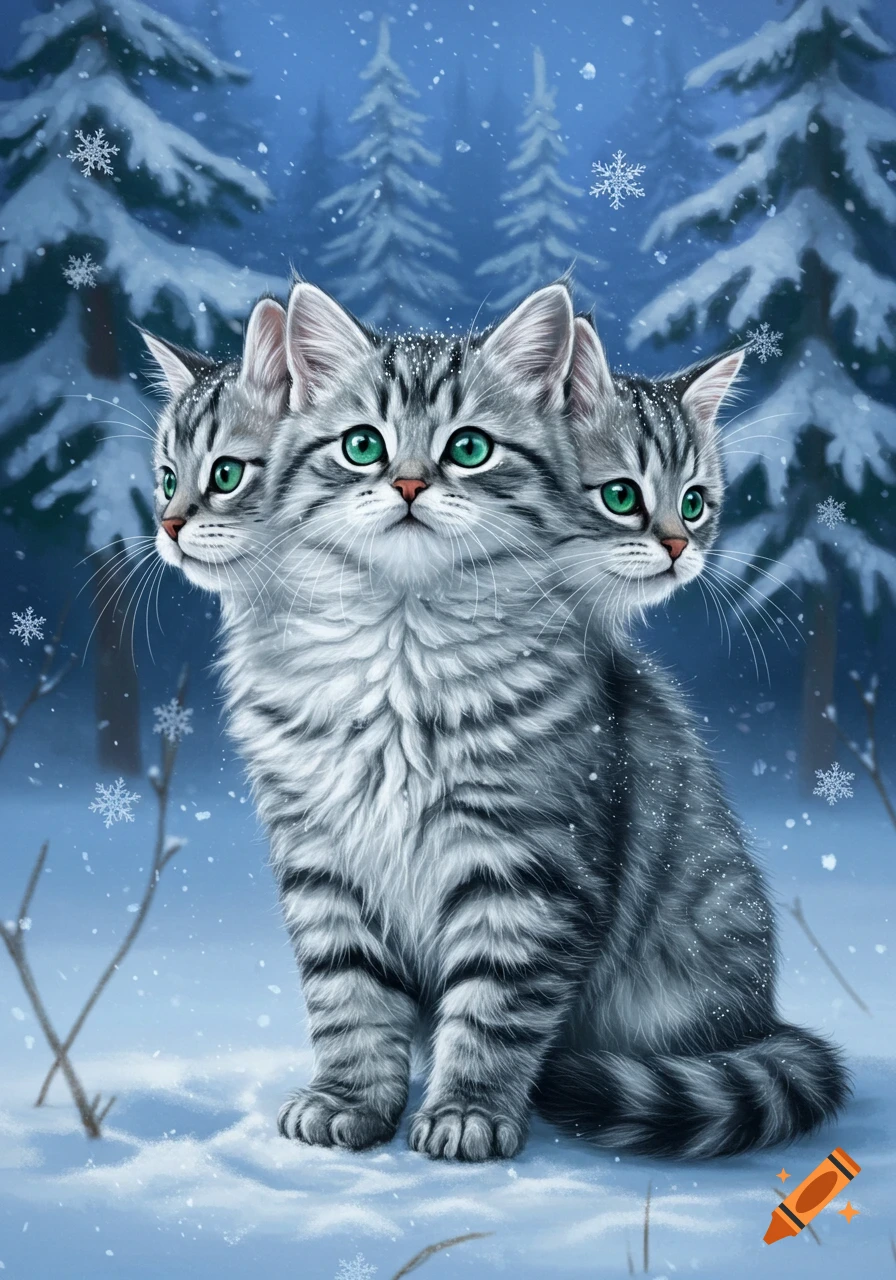 A three-headed Siberian cat kitten with bright green eyes sits in a snowy winter forest with snowflakes falling.