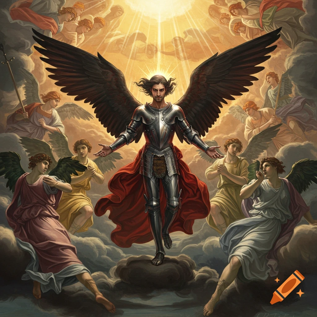 A central winged figure in shining armor with a red cape, arms outstretched, stands on a cloud, surrounded by numerous angels in a classical painting style, with bright light rays emanating from above.