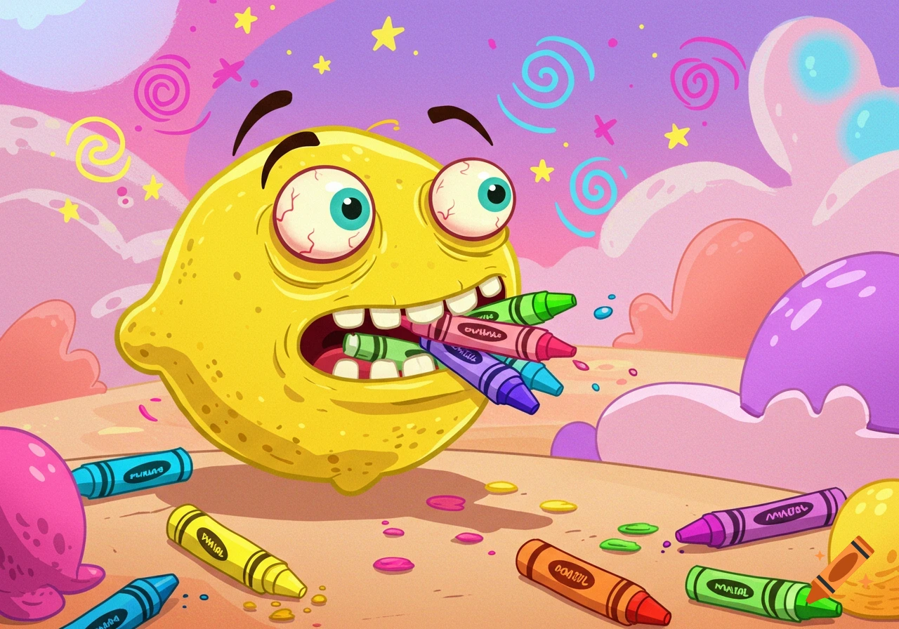 A distressed cartoon lemon with bloodshot eyes eats crayons, surrounded by more scattered crayons, in a colorful whimsical setting.