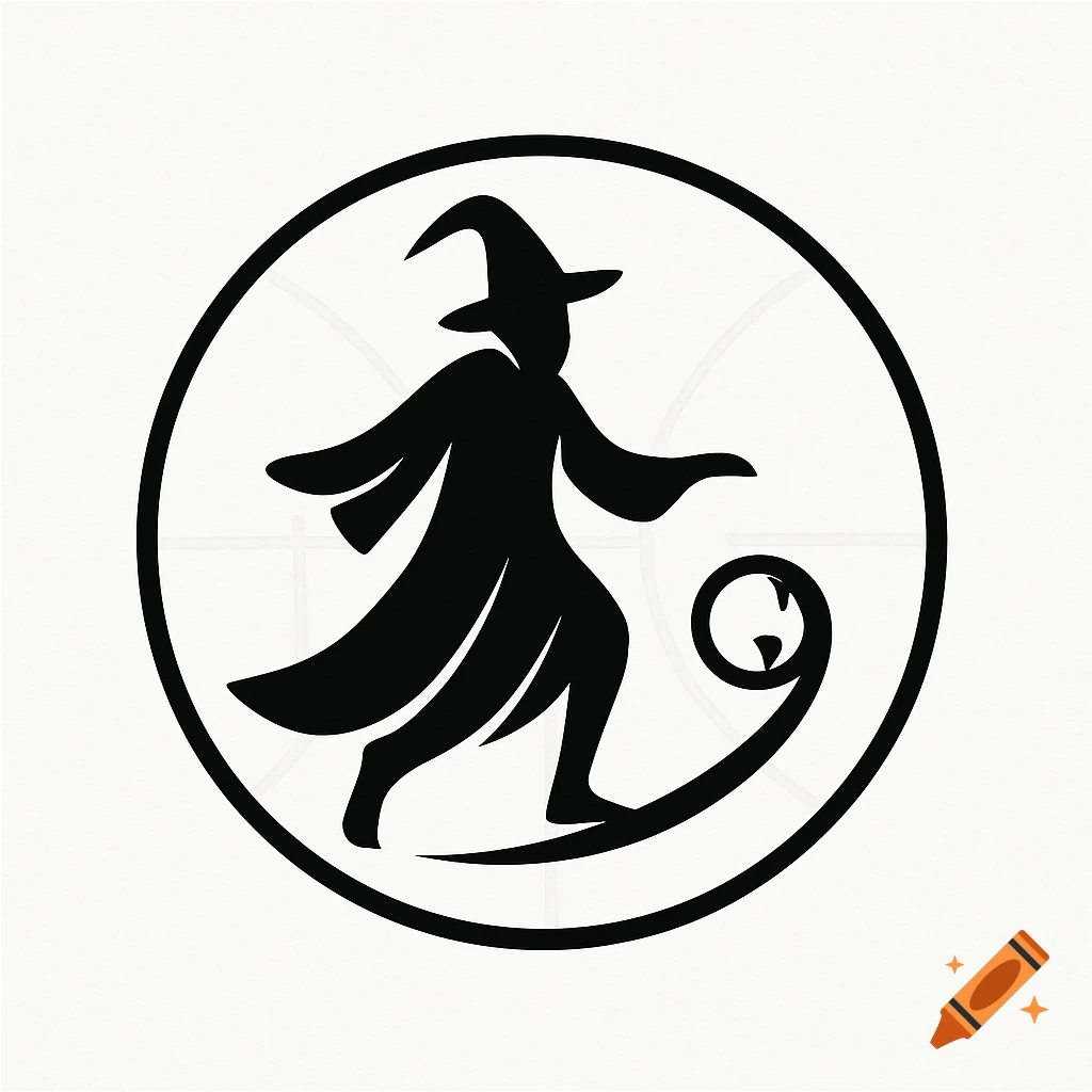 Black silhouette logo of a wizard with a pointed hat and cloak, balancing on a swirling line inside a circular frame.