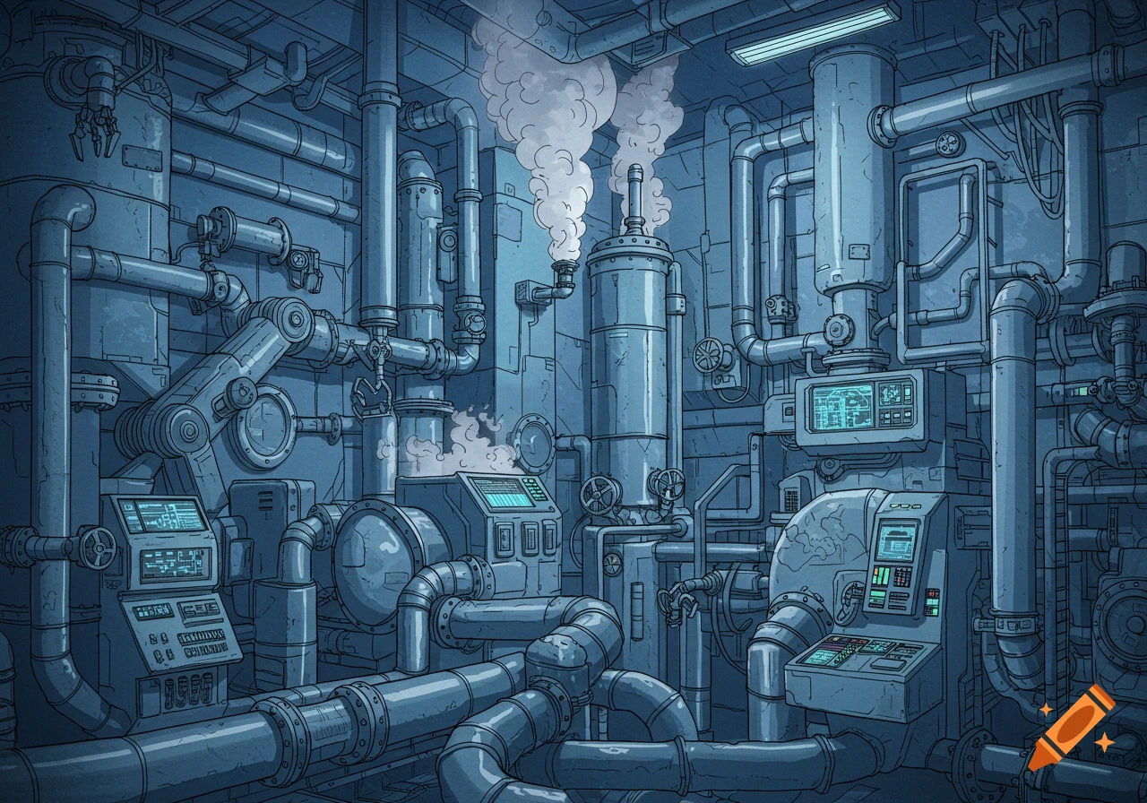 An intricate illustration of a futuristic factory interior with numerous pipes, gauges, and machines, emitting steam, rendered in a blue-grey color palette.