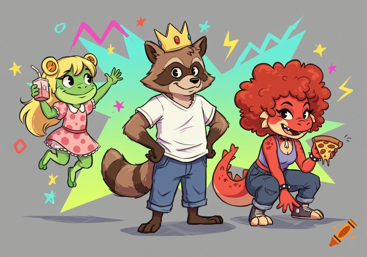 Cartoon of a raccoon king, frog girl with juice box, and dinosaur girl with pizza, on a colorful 90s background.