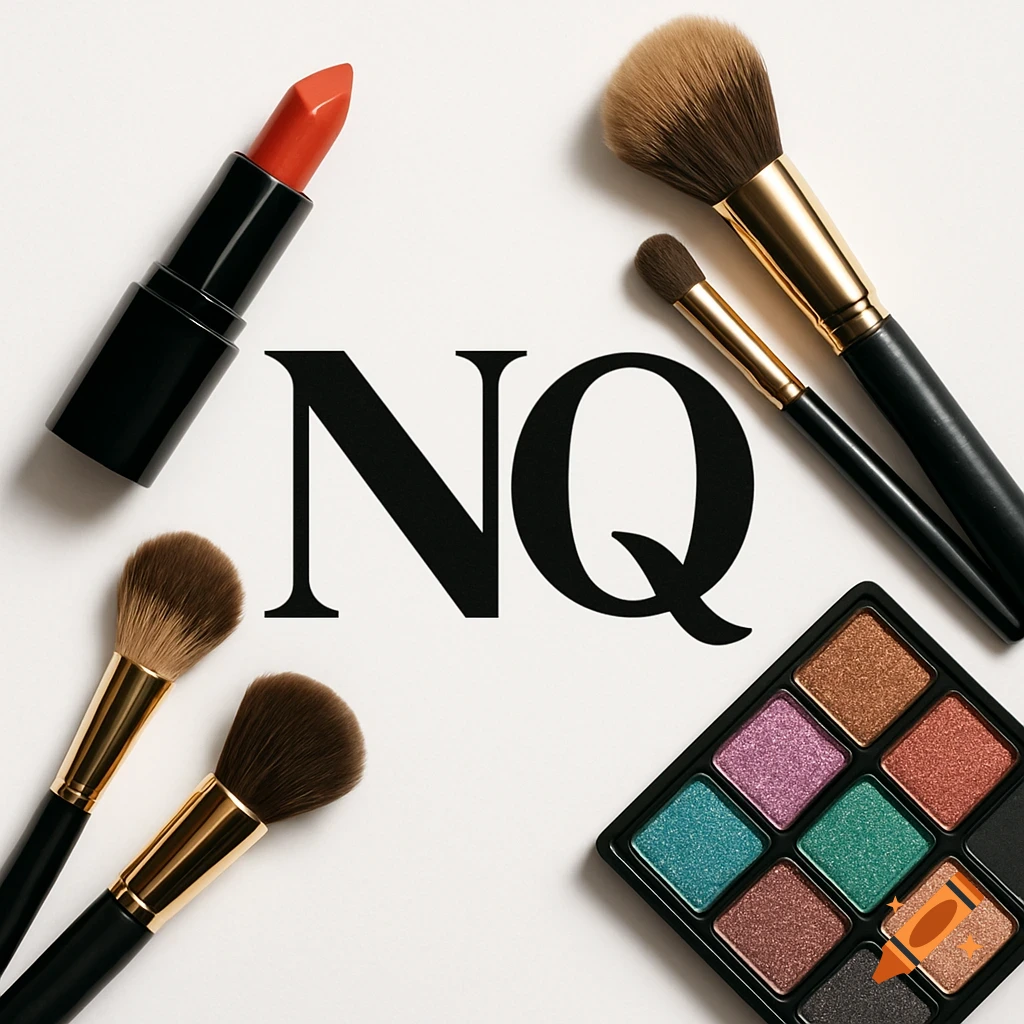 Overhead view of an orange lipstick, makeup brushes, and a colorful eyeshadow palette surrounding a black 'NQ' logo on white.