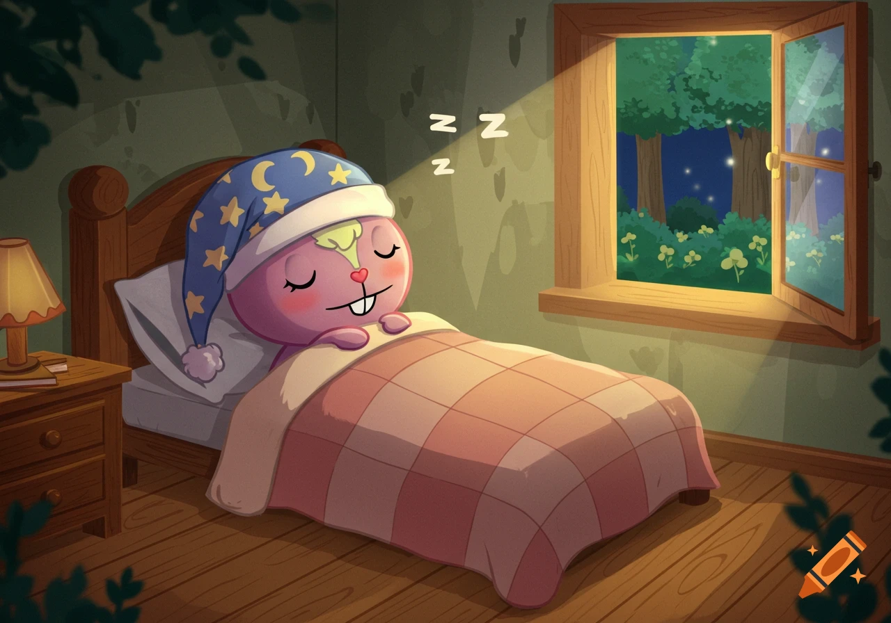 A pink Happy Tree Friends character in a blue nightcap with stars sleeps in bed, Zzz symbols float above, with a moonlit forest visible outside a window.