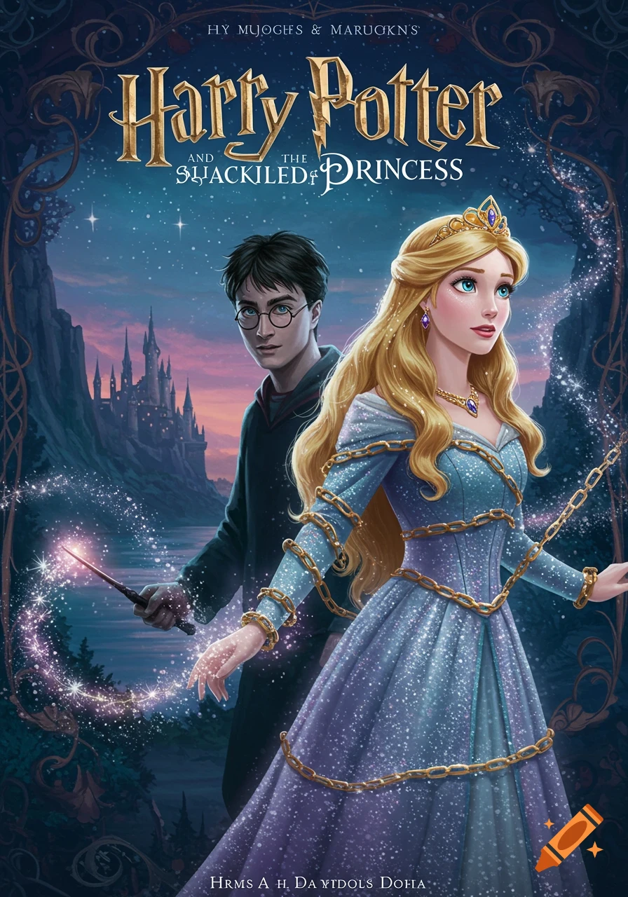 Fantasy book cover illustration with Harry Potter and a chained Disney-style princess under a starry sky, with a castle in the background.