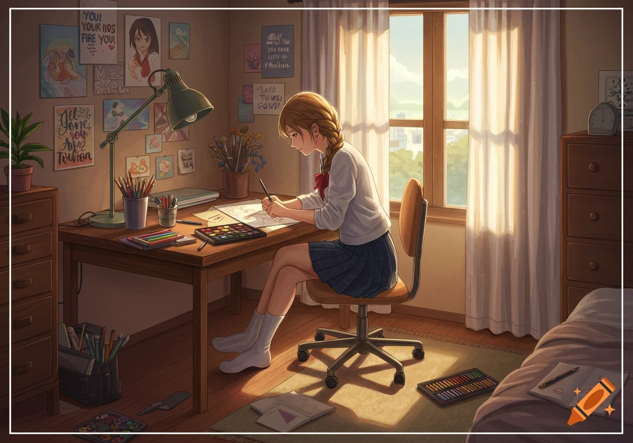 An anime high school girl with braided hair draws at a wooden desk in her sunlit room, surrounded by art supplies and posters.