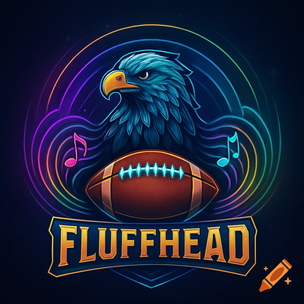A vibrant neon logo featuring a stylized blue eagle head, a football, musical notes, and the word 'FLUFFHEAD'.
