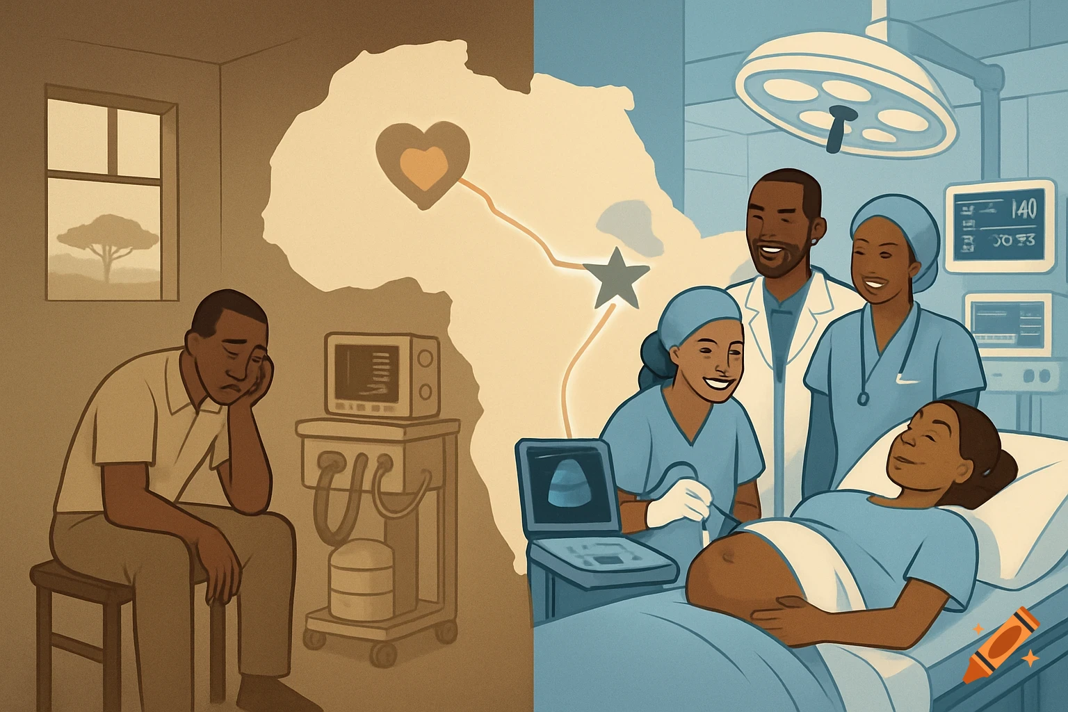 Split image: left shows a sad man in a dim rural clinic; right shows a happy medical team with a pregnant woman in a bright modern hospital. An African map connects them.