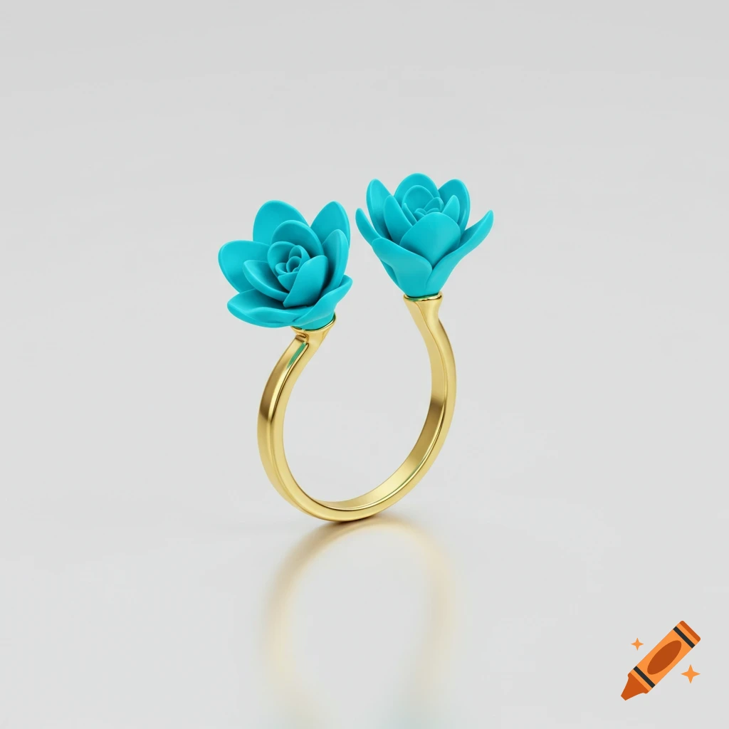 A golden ring adorned with two vibrant turquoise floral elements, set on a bright, reflective white surface.