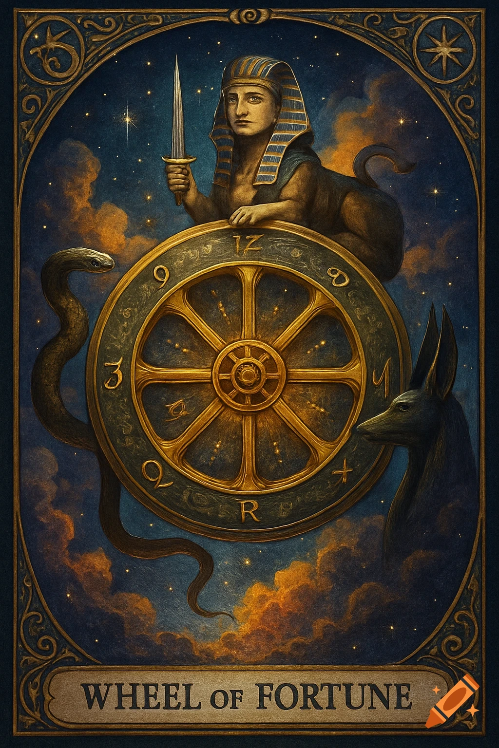 A richly detailed, painterly tarot card for 'The Wheel of Fortune' featuring a sphinx, a snake, and Anubis around a golden wheel, all under a starry, cloudy sky.
