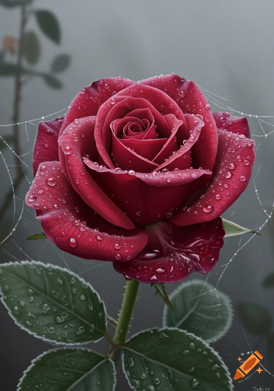 Photorealistic close-up of a vibrant red rose covered in dewdrops and delicate spiderwebs against a foggy background.
