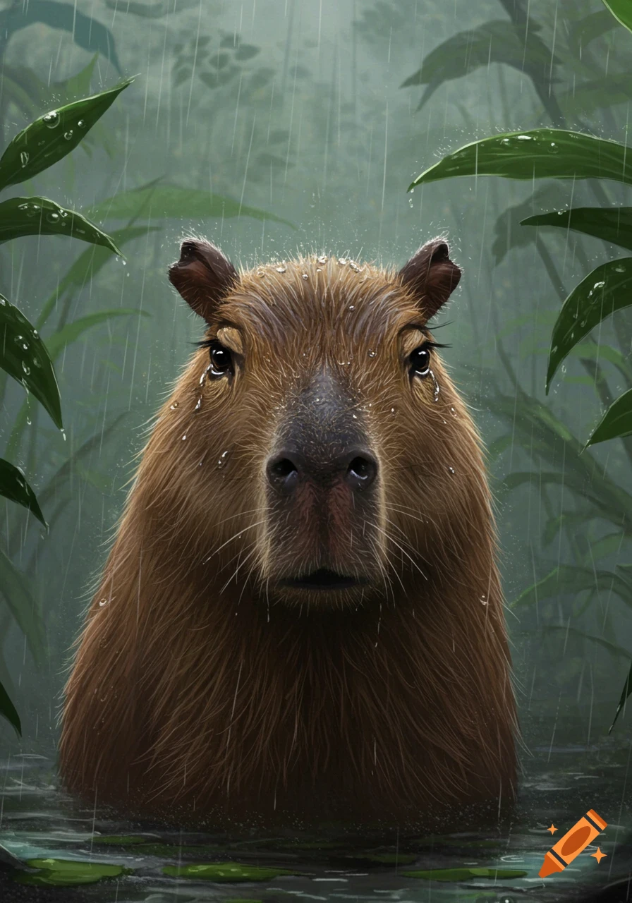 A detailed illustration of a capybara looking straight ahead in a tropical forest during a rain shower, with water droplets on its fur and leaves.