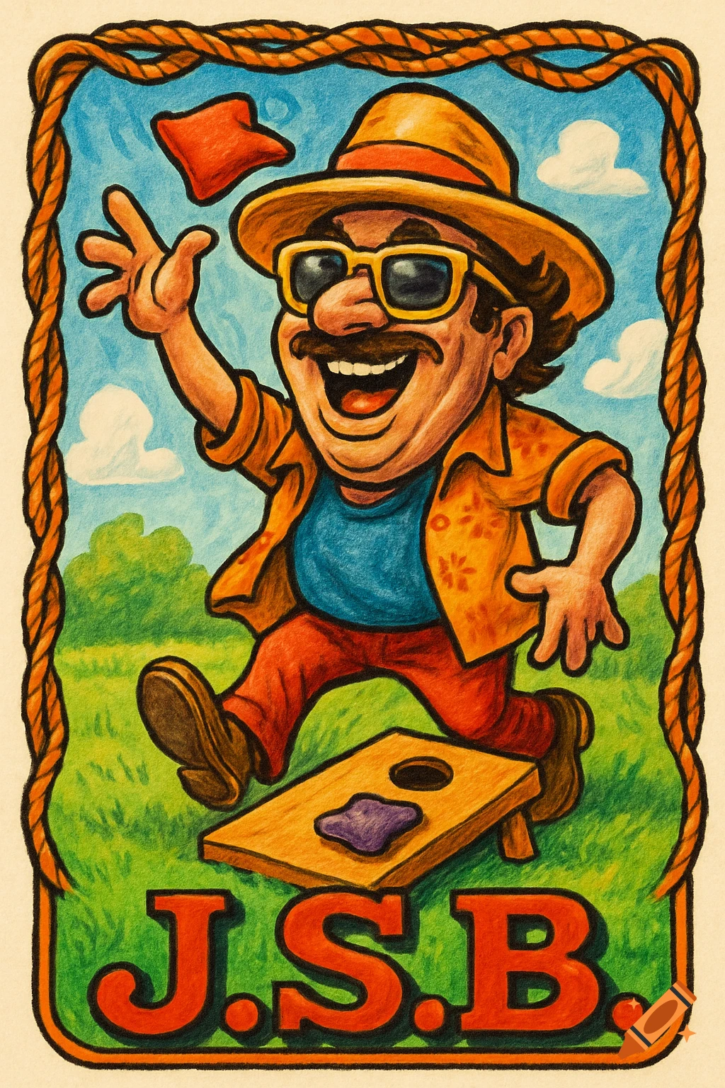 Colorful caricature of a smiling man in sunglasses and a hat throwing a cornhole beanbag in a grassy field. 'J.S.B.' is at the bottom.