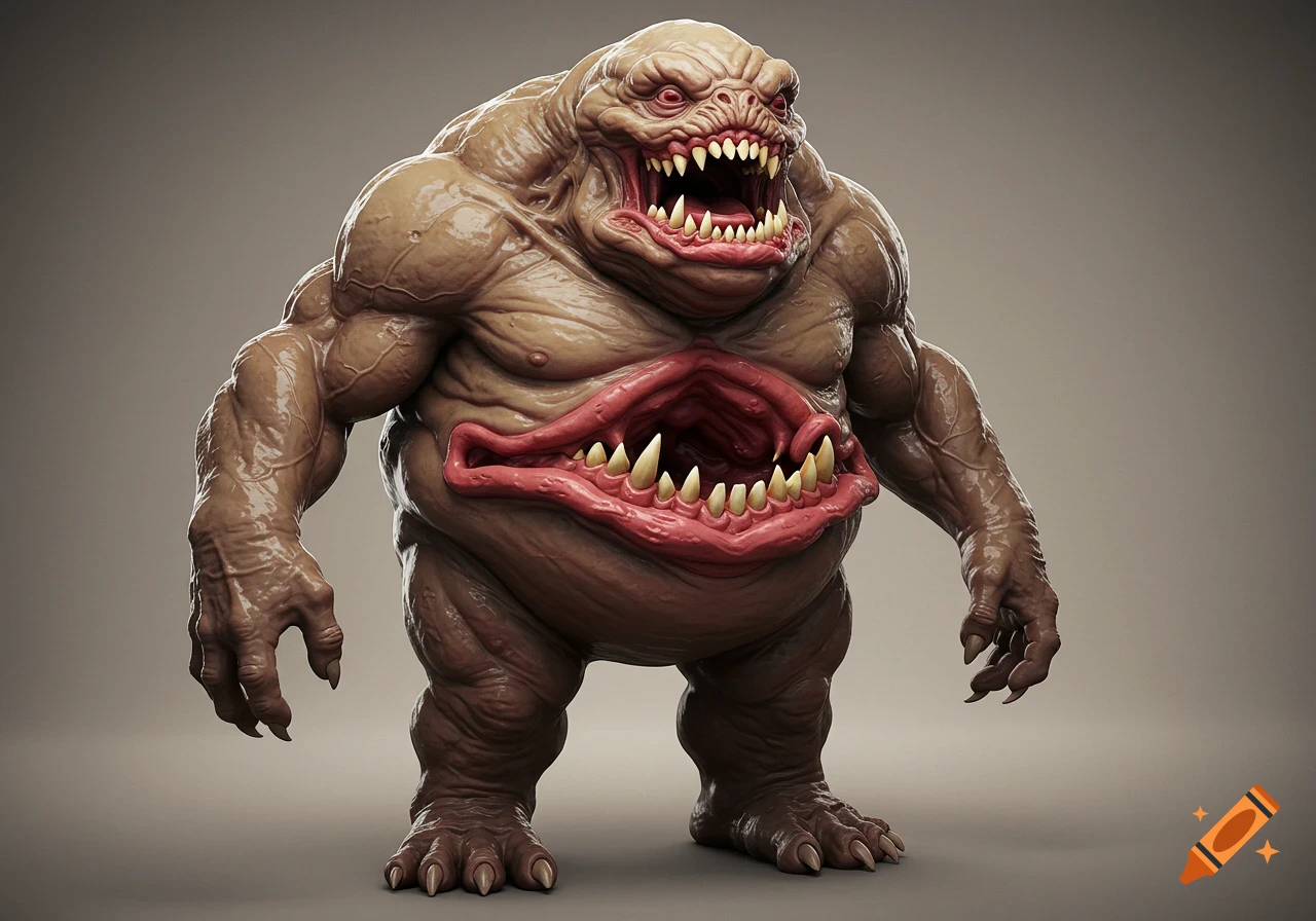 Highly detailed 3D render of a grotesque, muscular monster with sharp teeth and a large, toothy mouth in its chest.